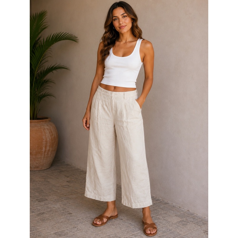 Nicole Miller New York 100% Linen Wide Leg Pants Beige Pleated Crop Small